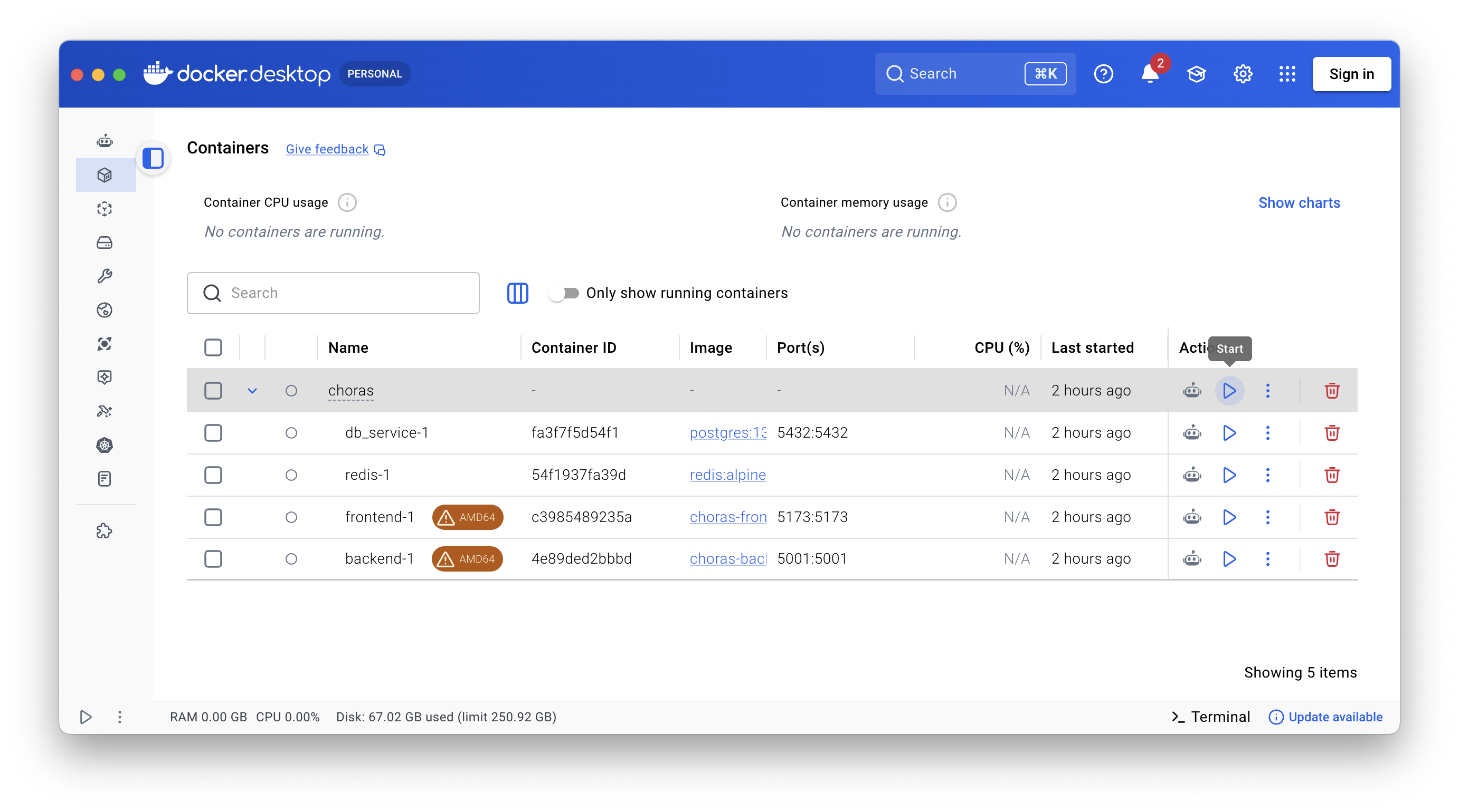 Docker Desktop GUI showing CHORAS container